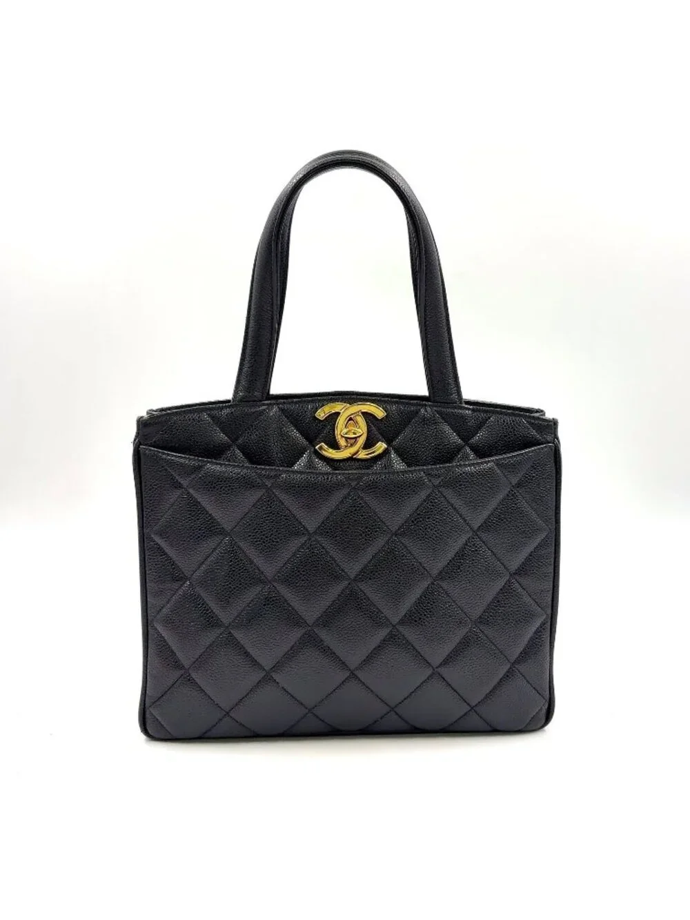 Chanel Quilted Turnlock Caviar Leather Black Tote Bag Gold